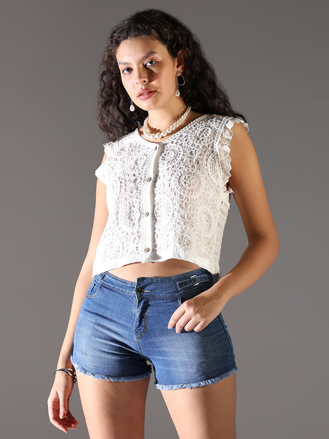 Women White Solid Crochet Crop Top