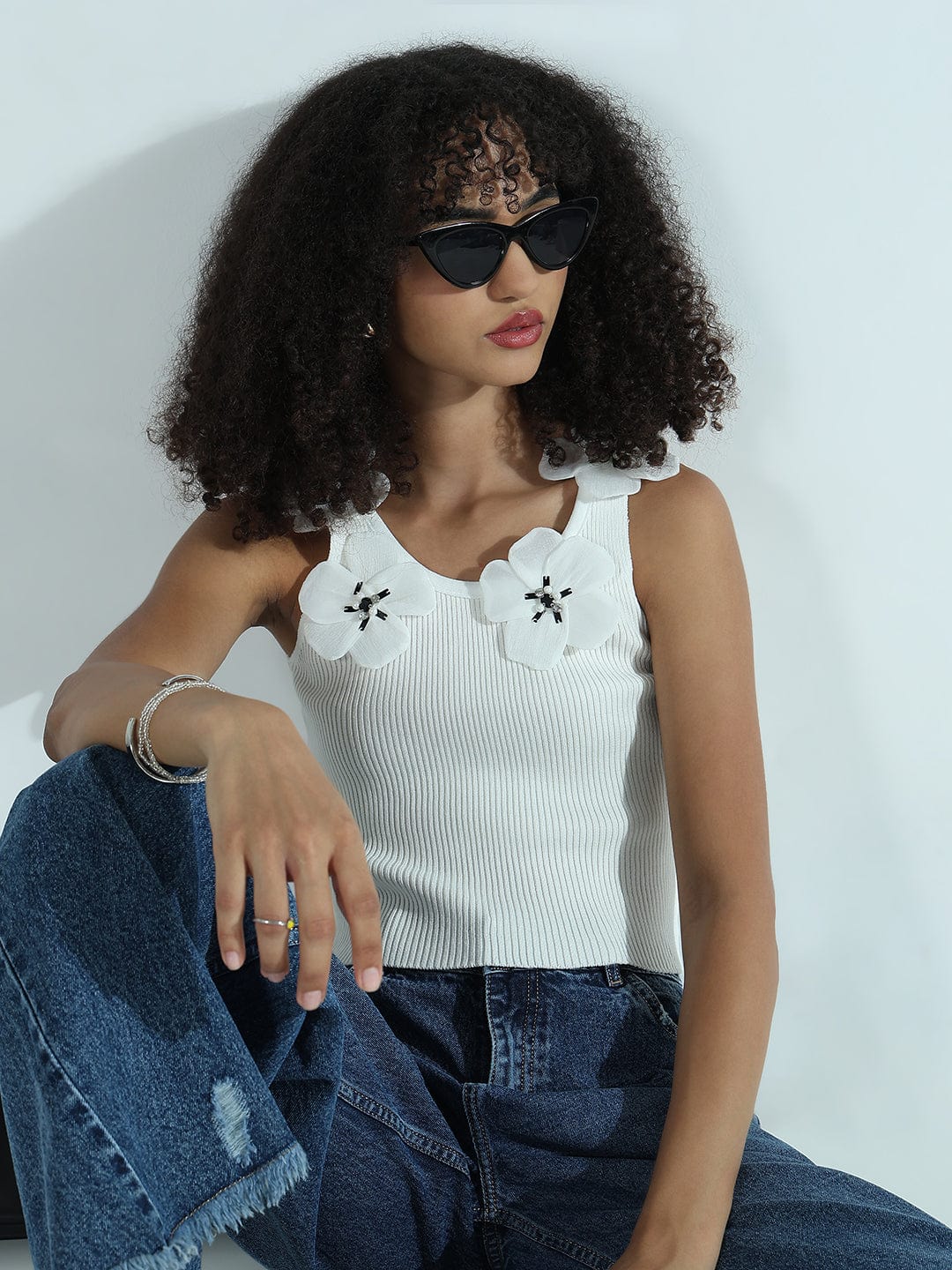 Women's Ribbed White Crop Top with Flower Appliques