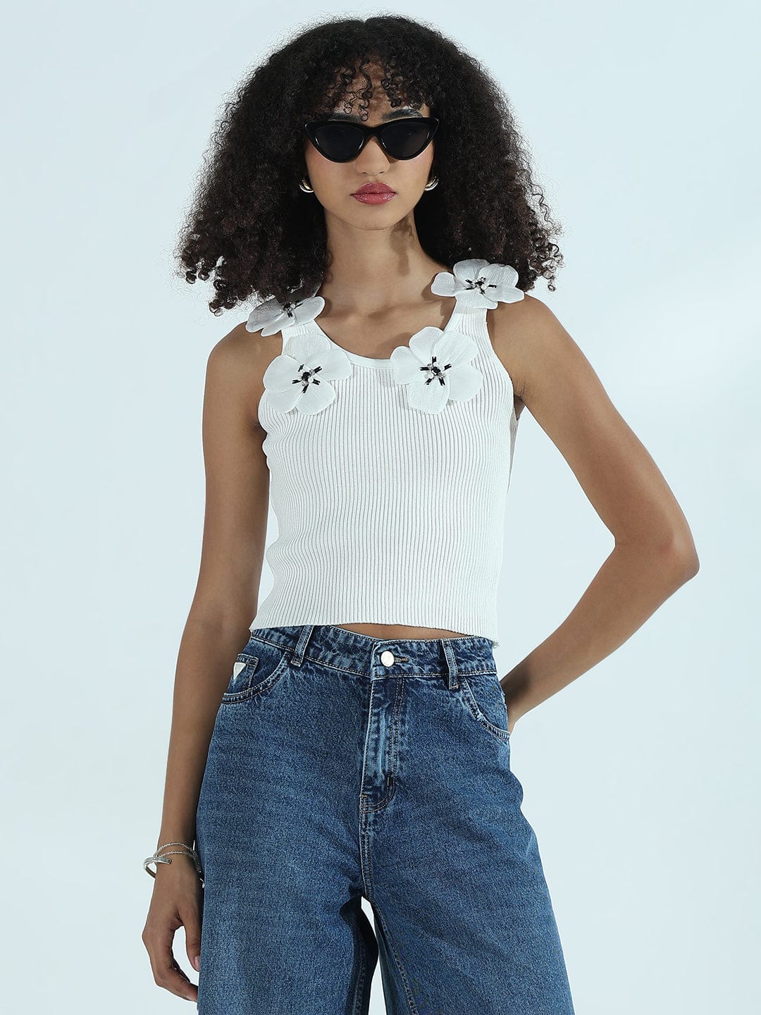 Women's Ribbed White Crop Top with Flower Appliques