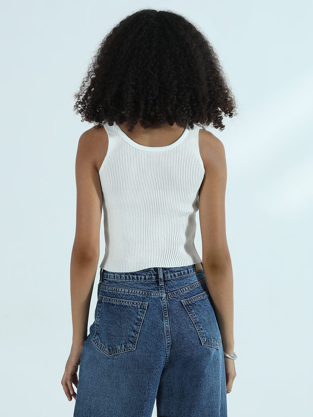 Women's Ribbed White Crop Top with Flower Appliques