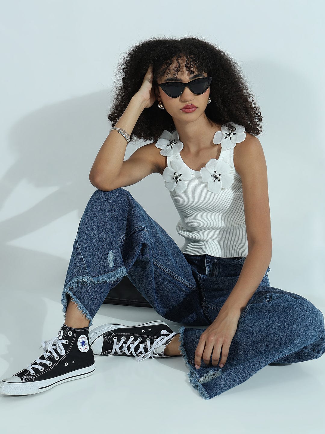 Women's Ribbed White Crop Top with Flower Appliques