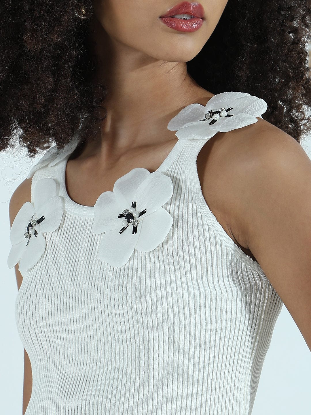 Women's Ribbed White Crop Top with Flower Appliques