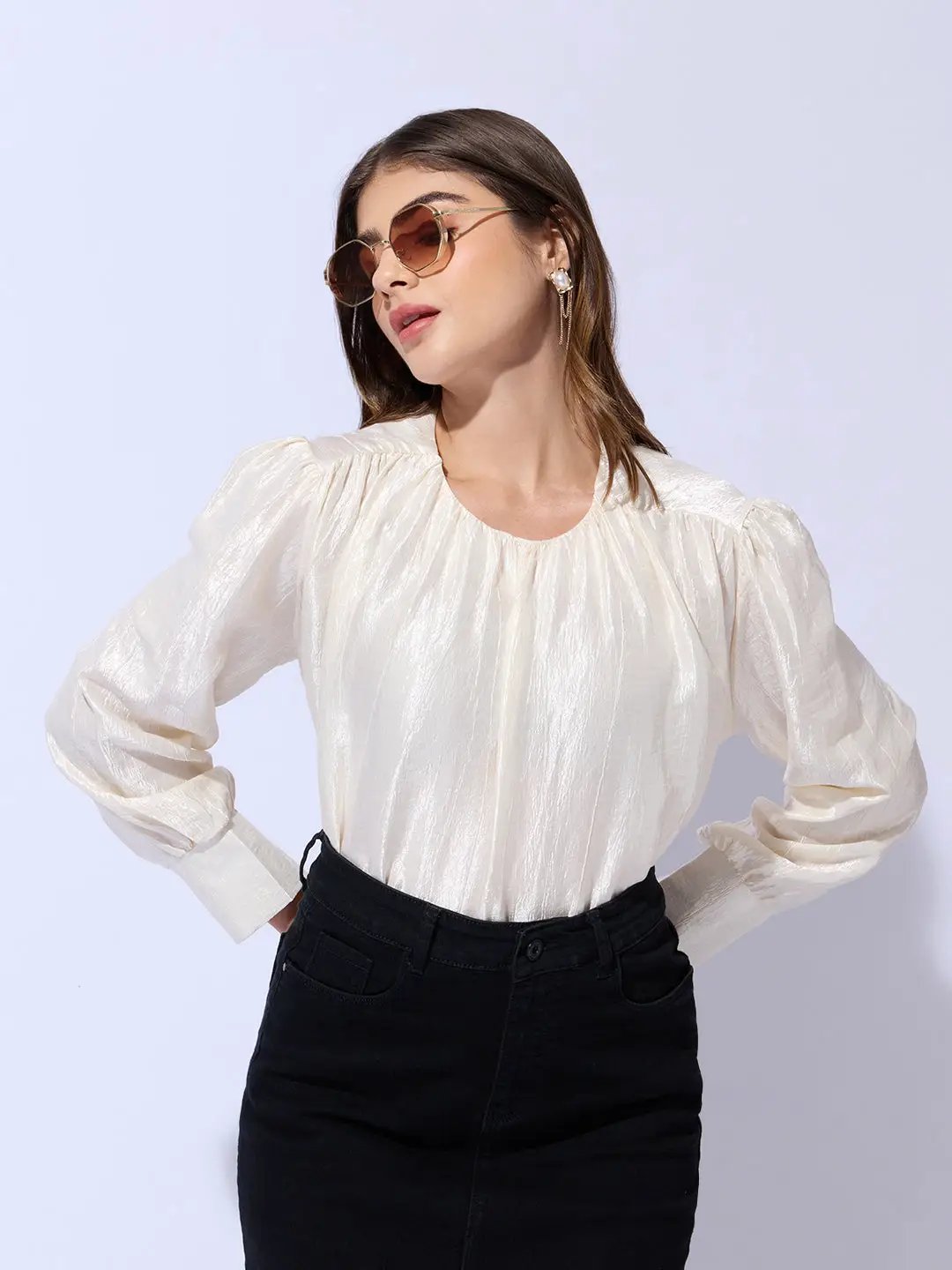 Women's Cream Cuffed Sleeve Top