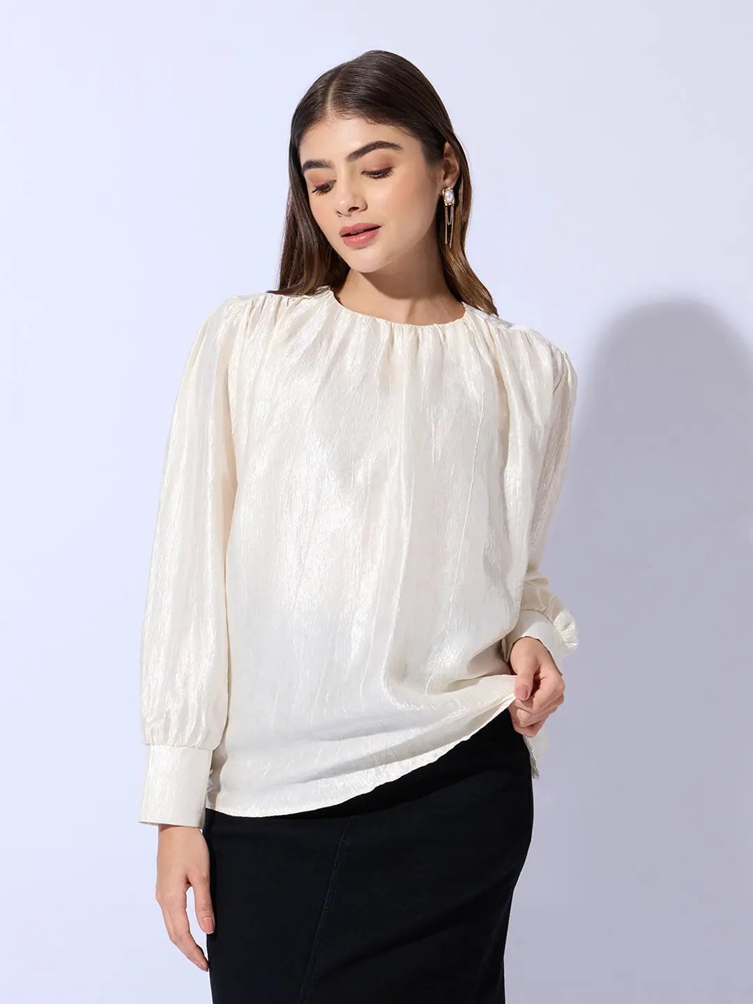 Women's Cream Cuffed Sleeve Top