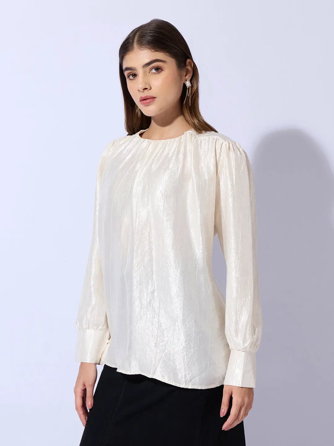 Women's Cream Cuffed Sleeve Top