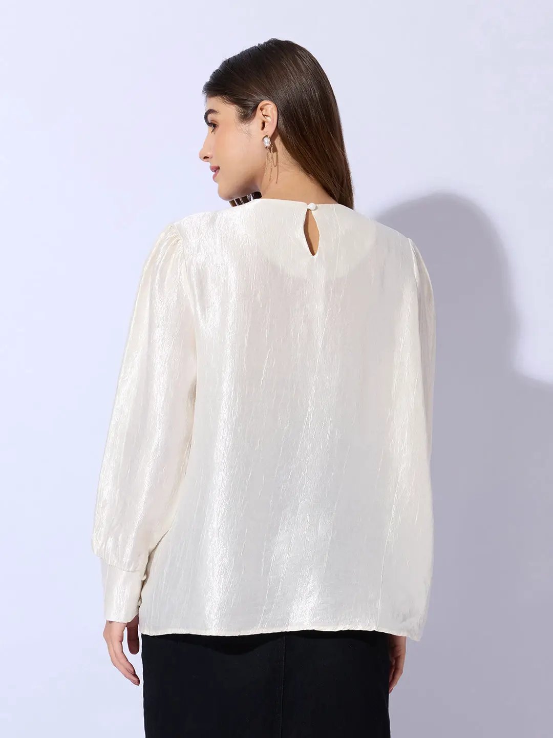 Women's Cream Cuffed Sleeve Top