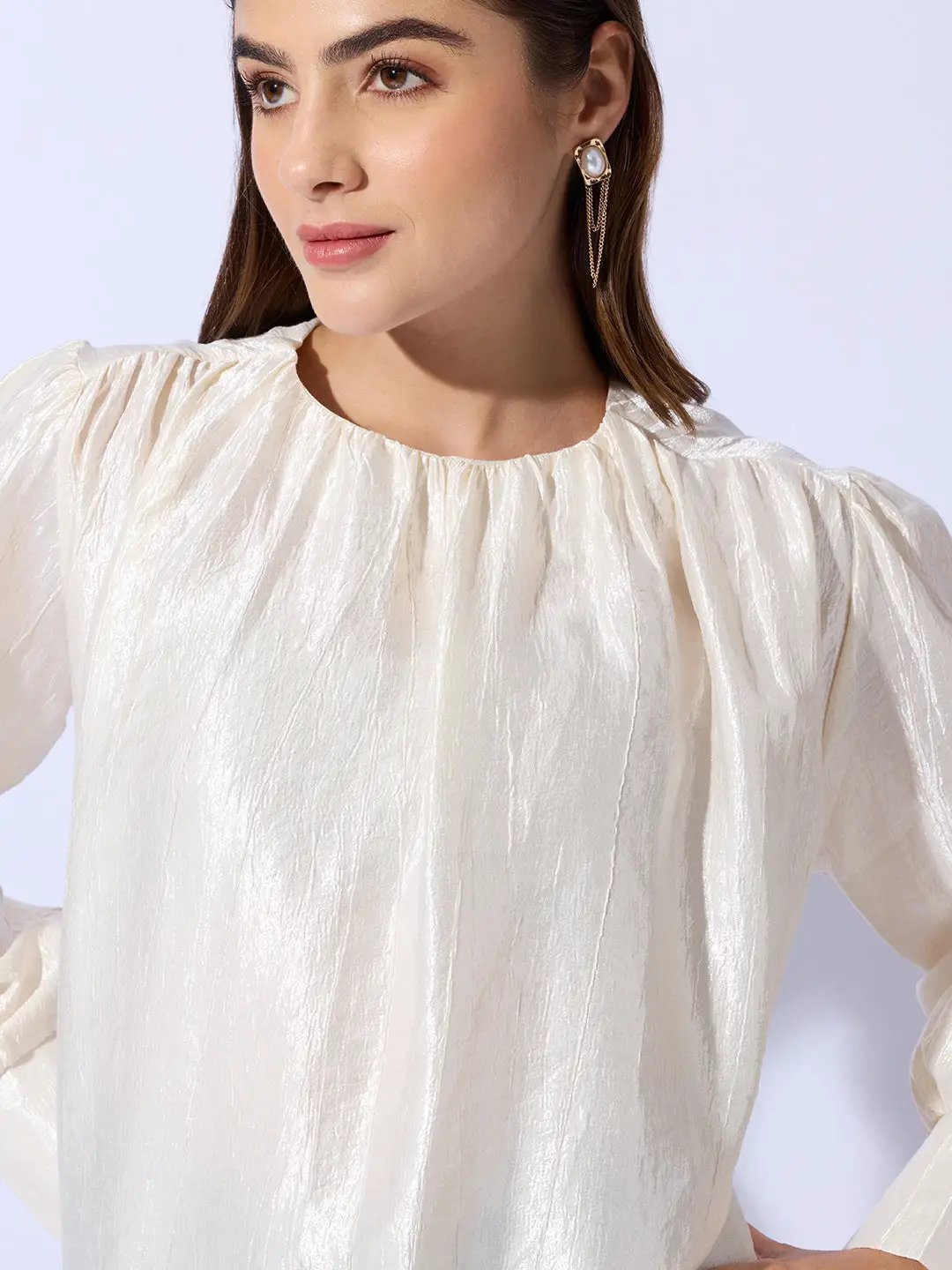 Women's Cream Cuffed Sleeve Top