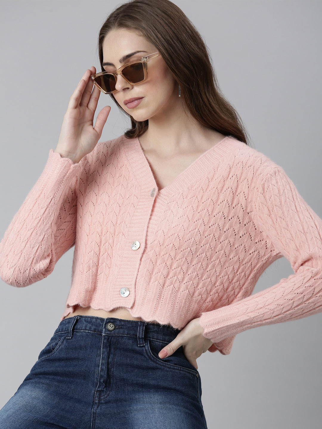 Women Peach Self Design Cardigan