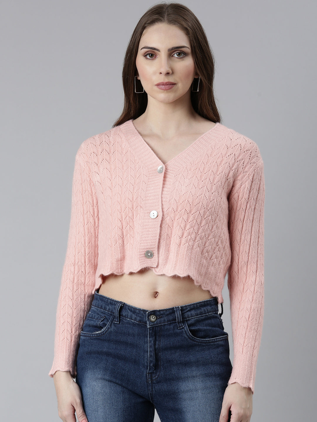 Women Peach Self Design Cardigan