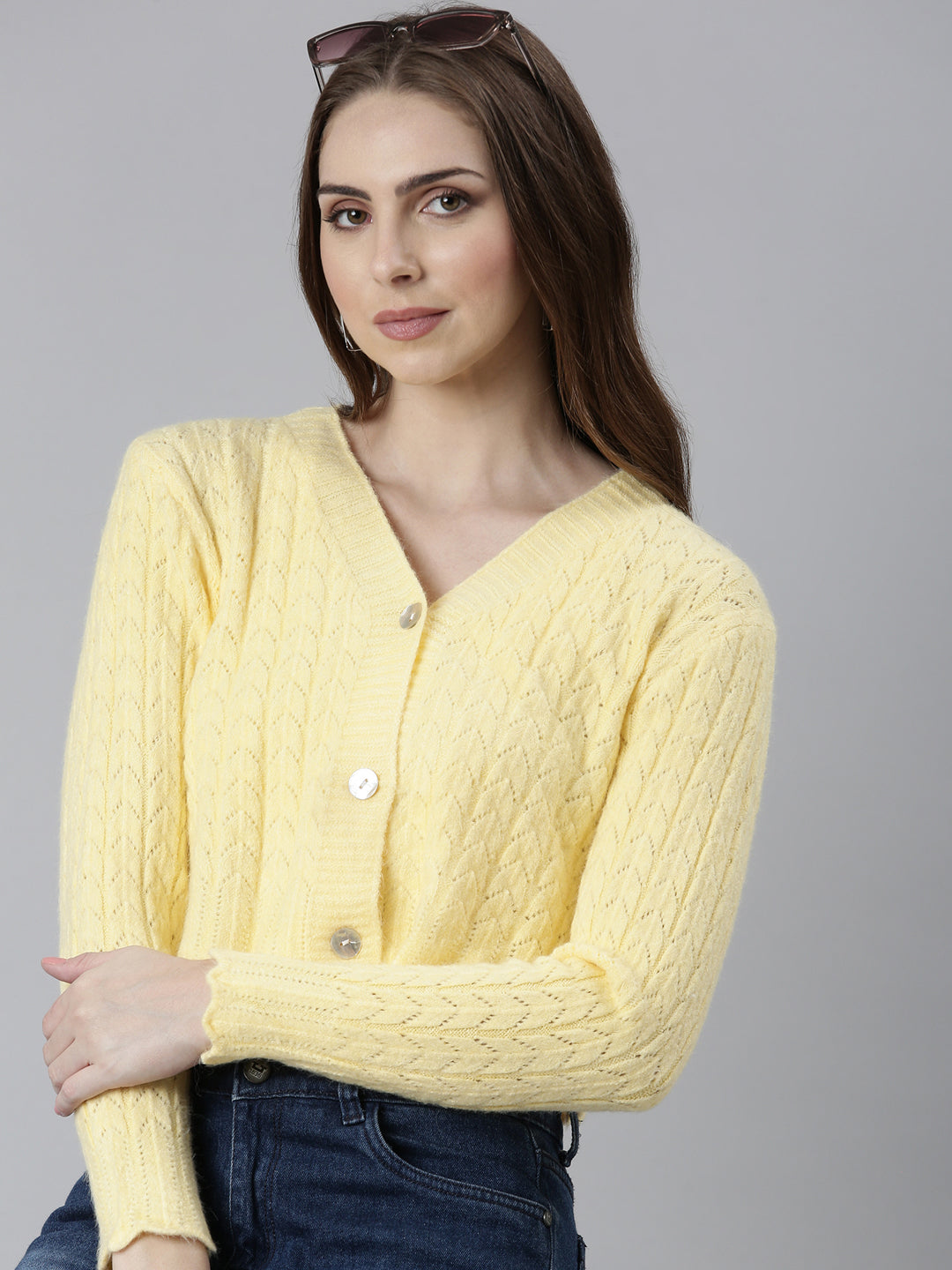 Women Yellow Self Design Cardigan