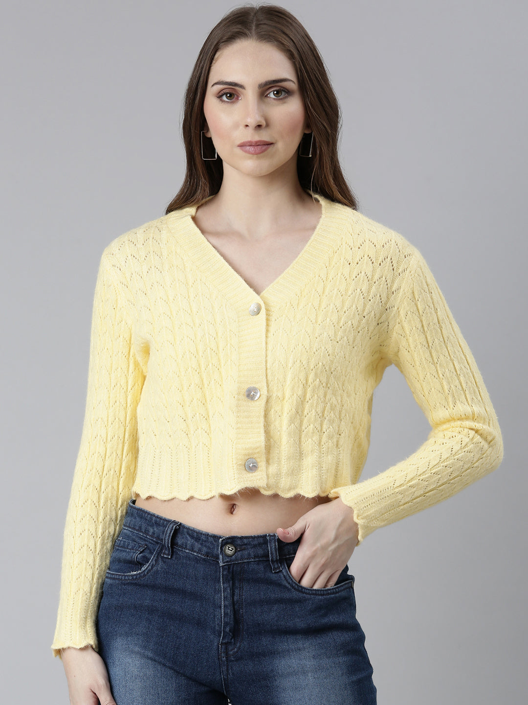 Women Yellow Self Design Cardigan