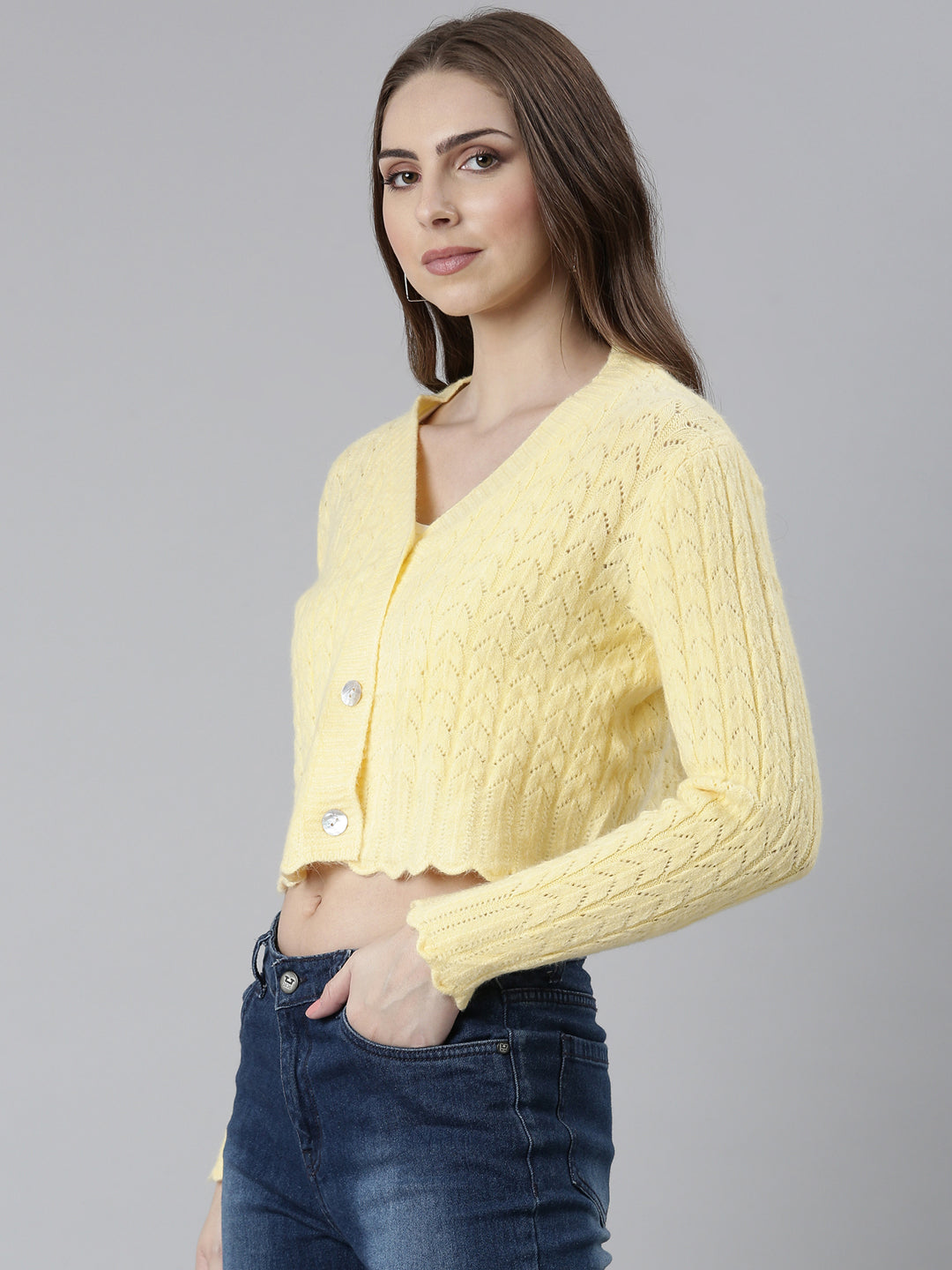 Women Yellow Self Design Cardigan