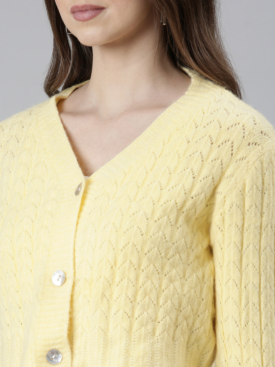 Women Yellow Self Design Cardigan