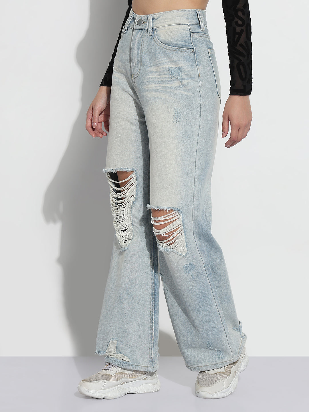 Women's Blue Distressed High Rise Wide Leg Jeans