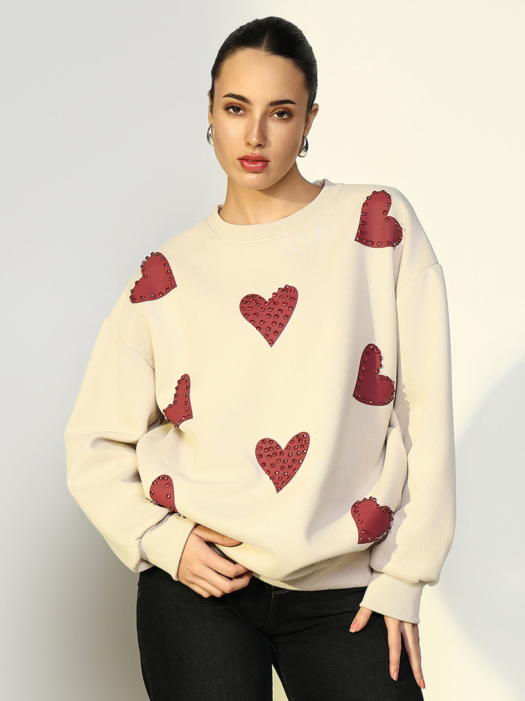 Women Embellished Cream Sweatshirt