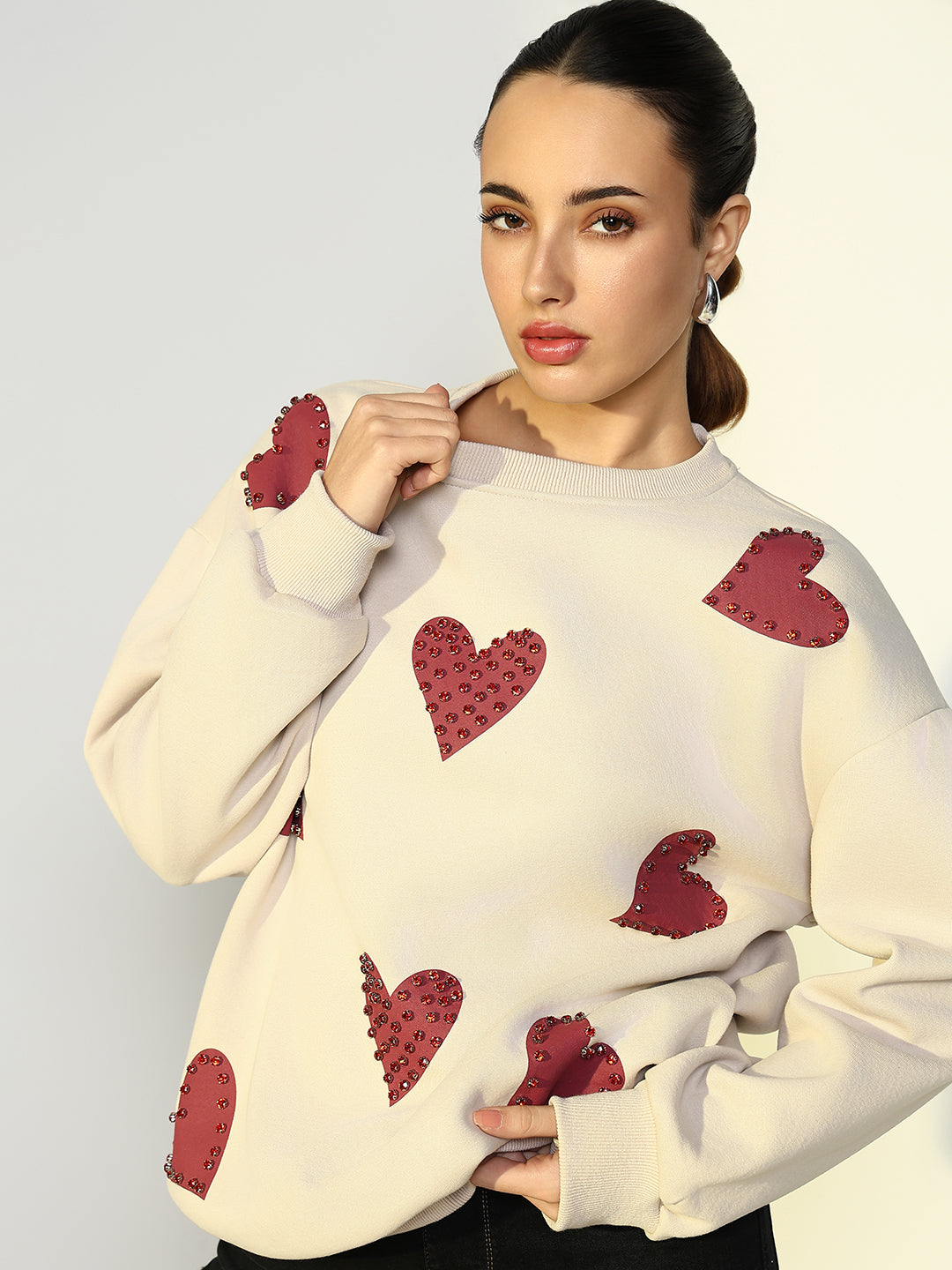 Women Embellished Cream Sweatshirt