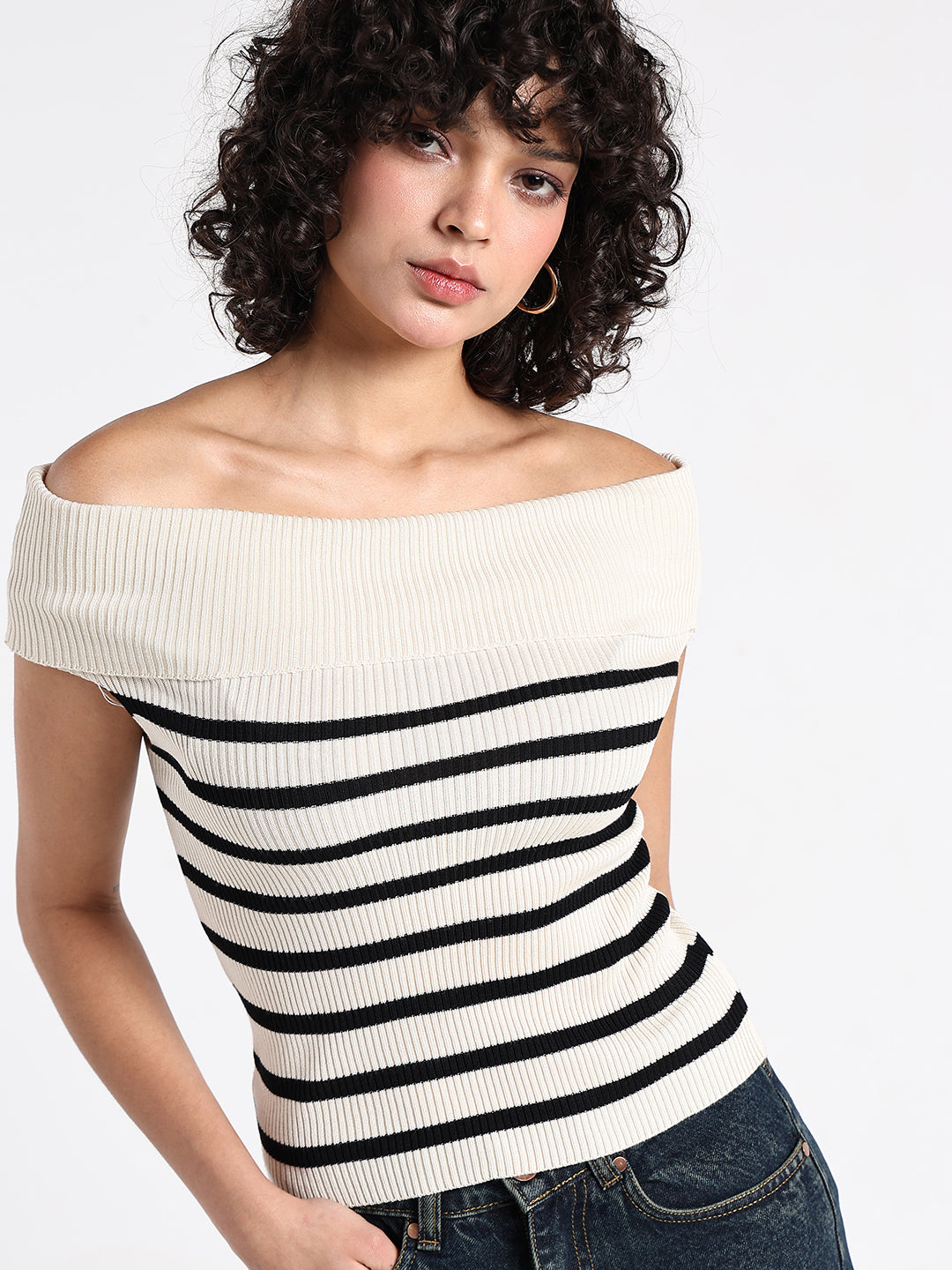 Women's Ribbed Cream Off-Shoulder Striped Top