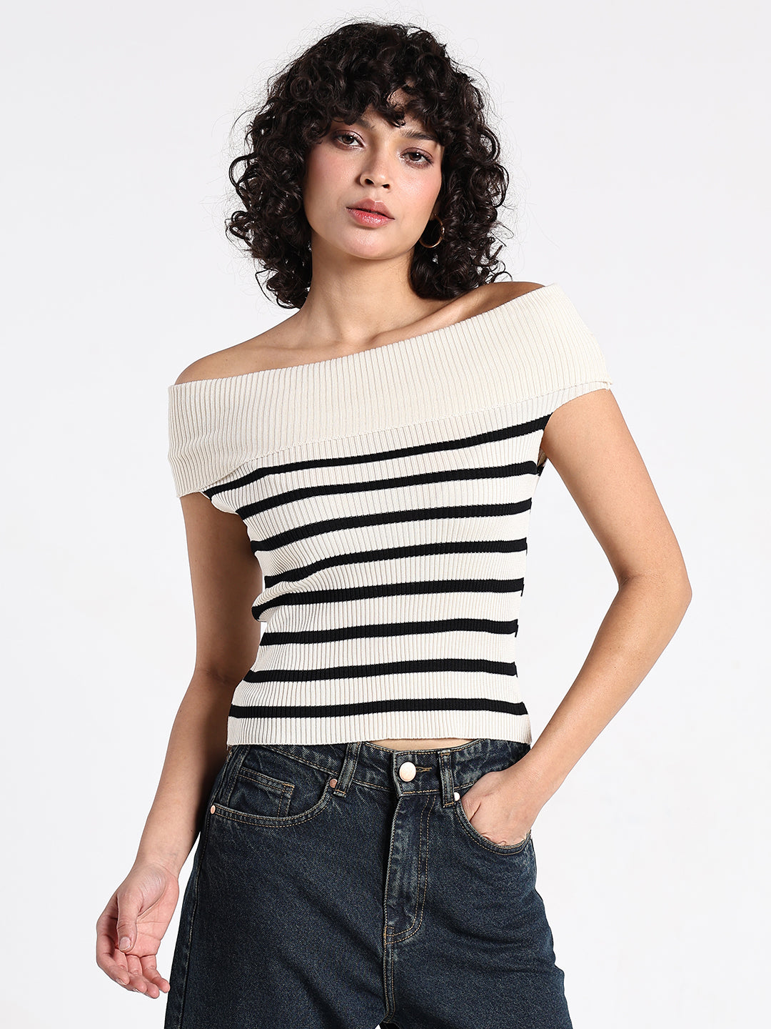 Women's Ribbed Cream Off-Shoulder Striped Top