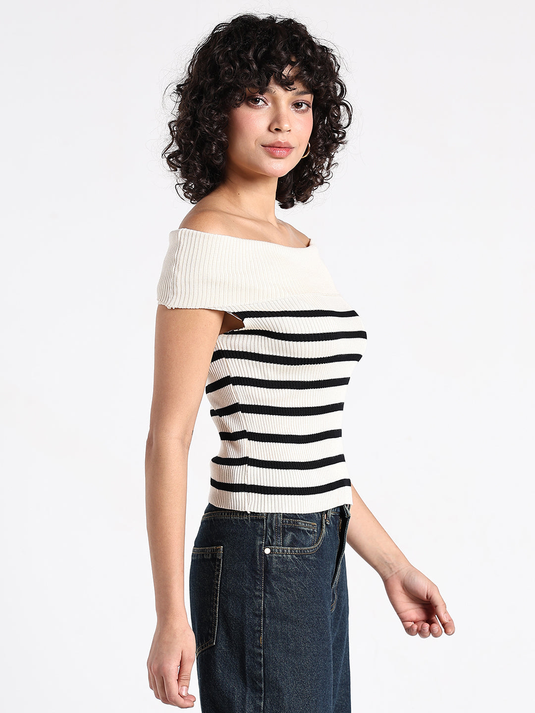 Women's Ribbed Cream Off-Shoulder Striped Top