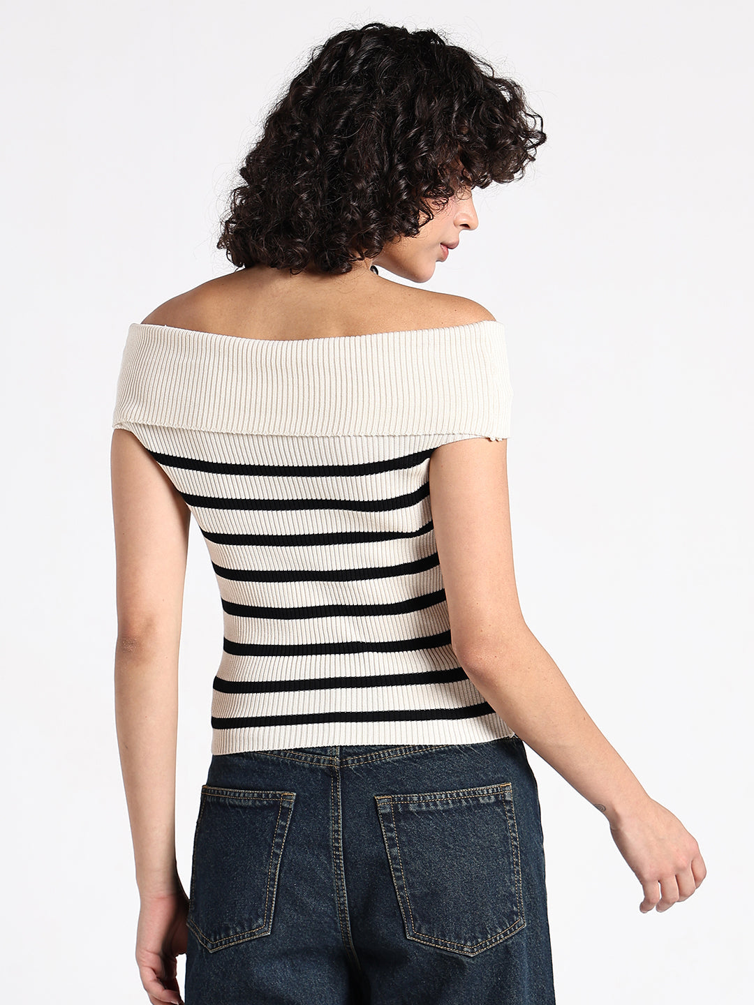 Women's Ribbed Cream Off-Shoulder Striped Top