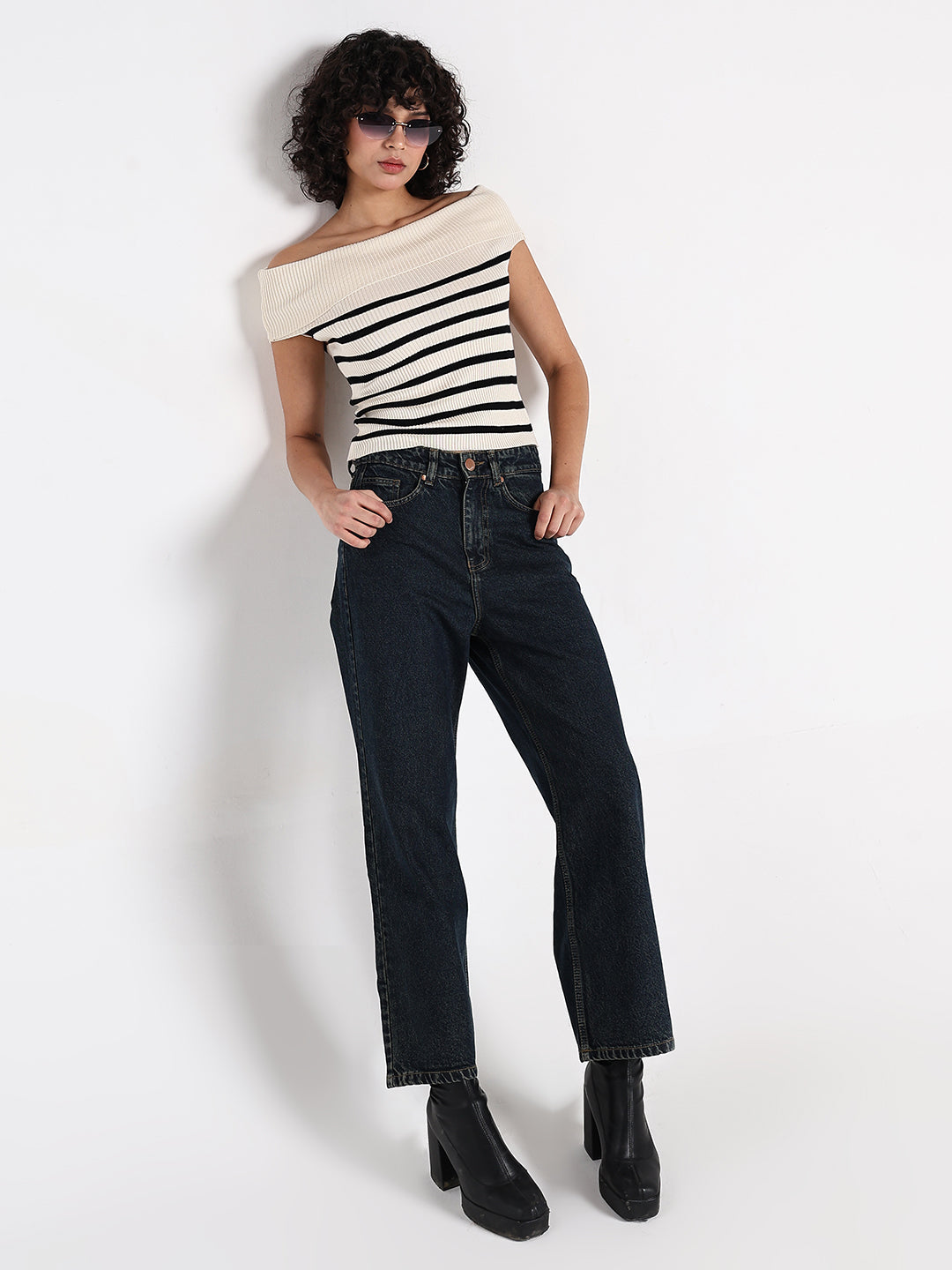 Women's Ribbed Cream Off-Shoulder Striped Top