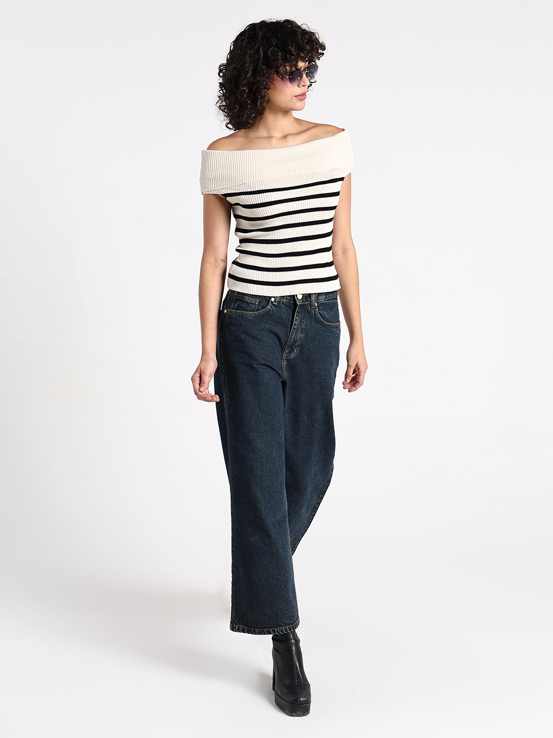 Women's Ribbed Cream Off-Shoulder Striped Top