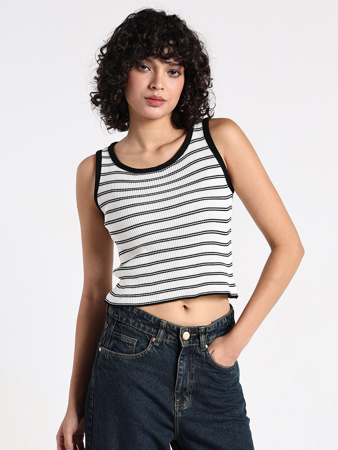 Women's Ribbed White  Striped Tank Top