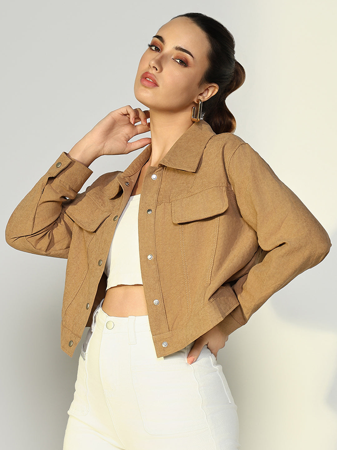 Women Solid Beige Open Front Jacket