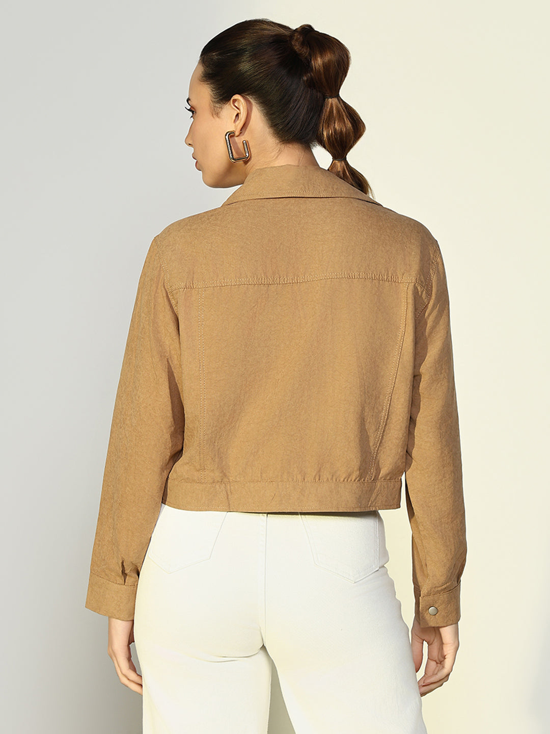 Women Solid Beige Open Front Jacket