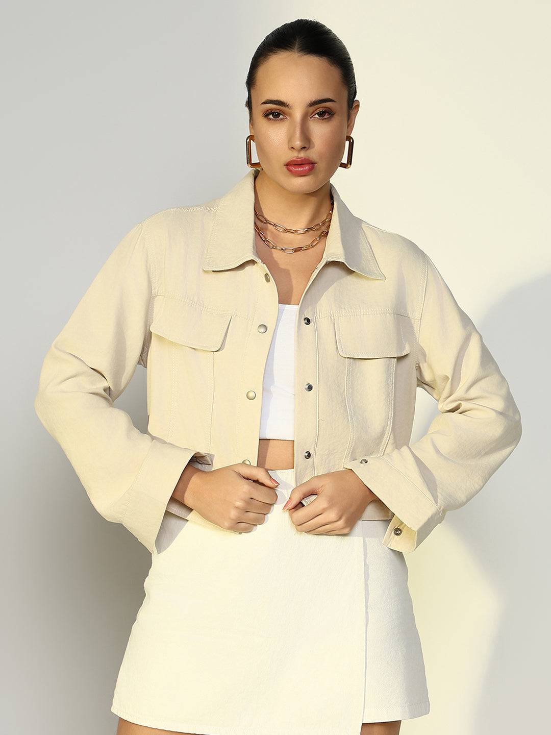 Women Solid Cream Open Front Jacket