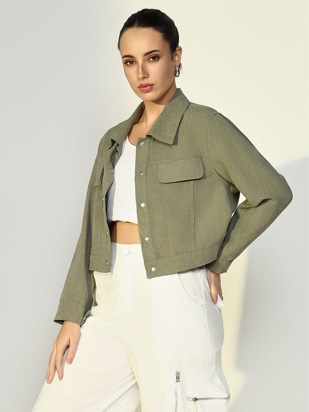 Women Solid Olive Open Front Jacket