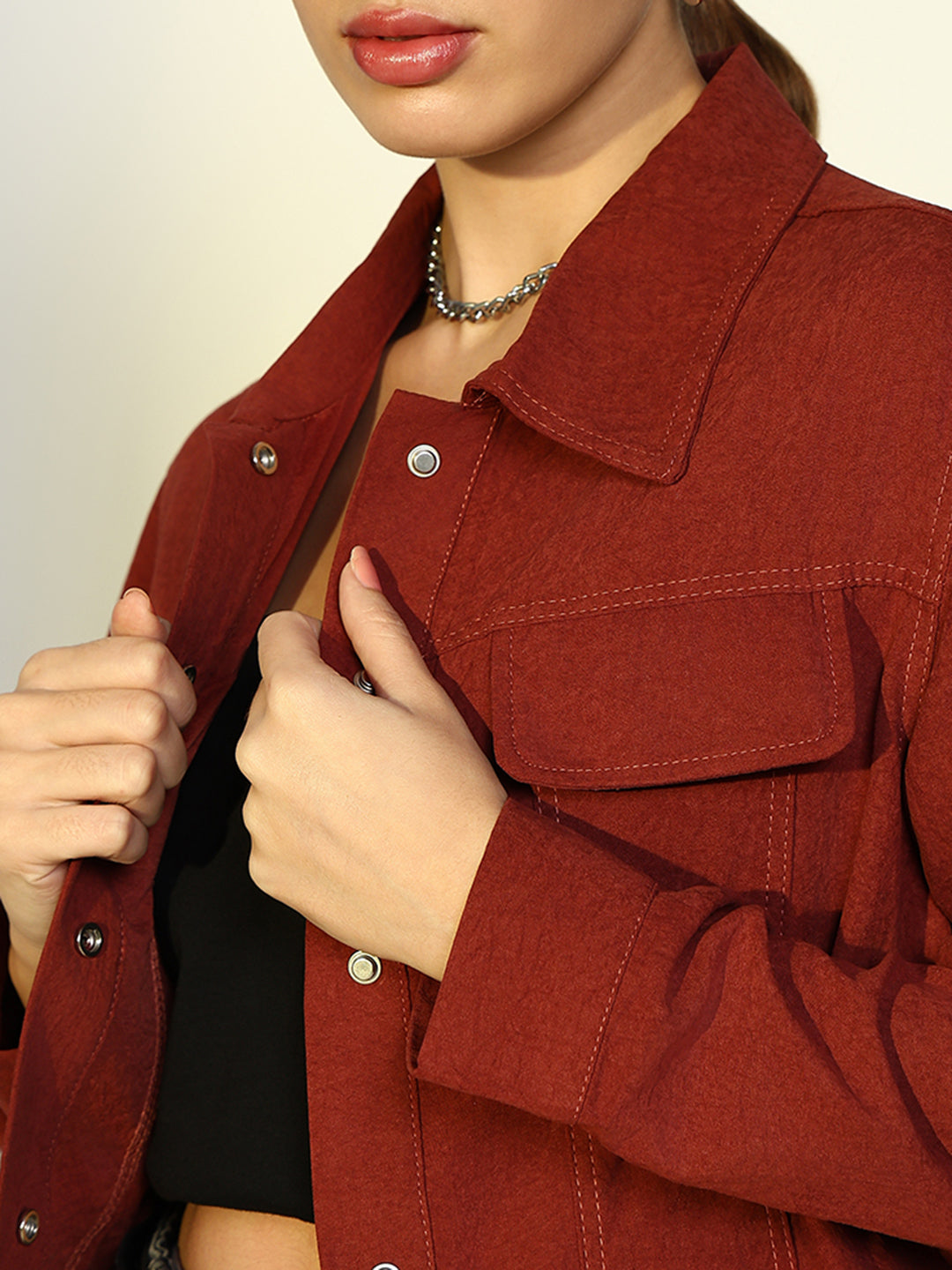 Women Solid Red Open Front Jacket