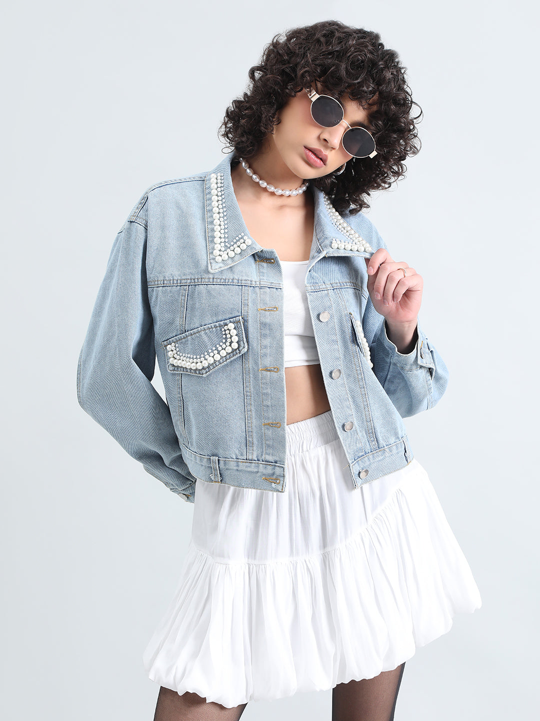 Women's Embellished Blue Denim Jacket with Pearl Detail
