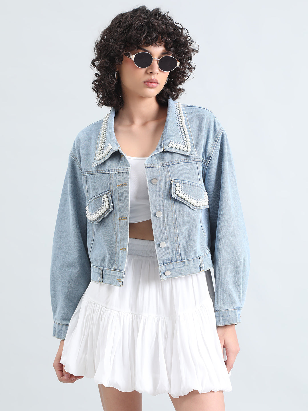 Women's Embellished Blue Denim Jacket with Pearl Detail