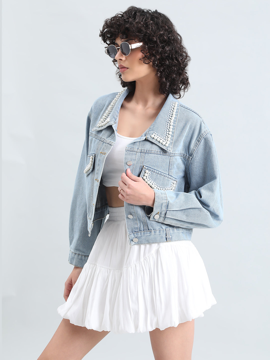 Women's Embellished Blue Denim Jacket with Pearl Detail