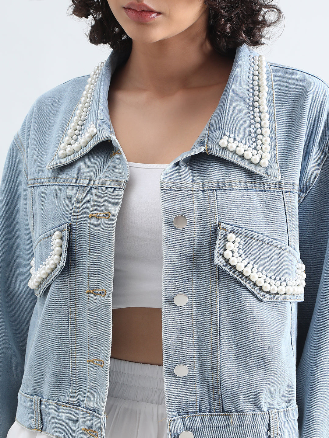 Women's Embellished Blue Denim Jacket with Pearl Detail