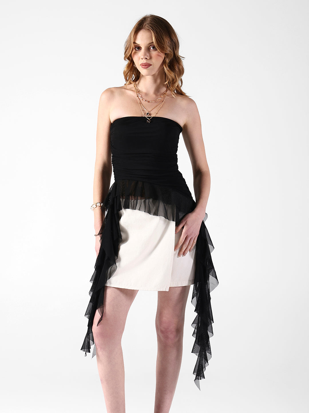 Women's Black Strapless Asymmetrical Top with Ruffle Detail