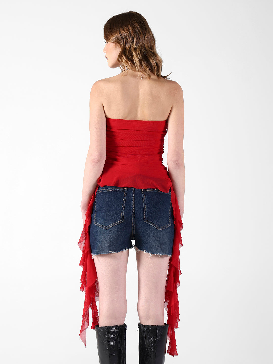 Women's Red Strapless Asymmetrical Top with Ruffle Detail