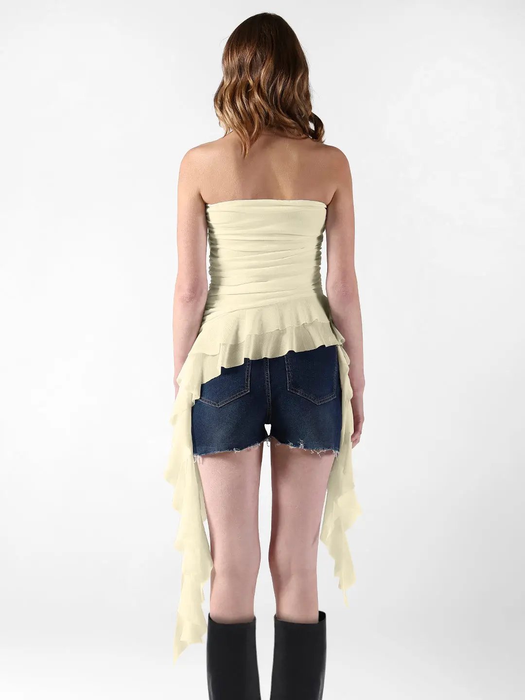 Women's Yellow Strapless Asymmetrical Top with Ruffle Detail