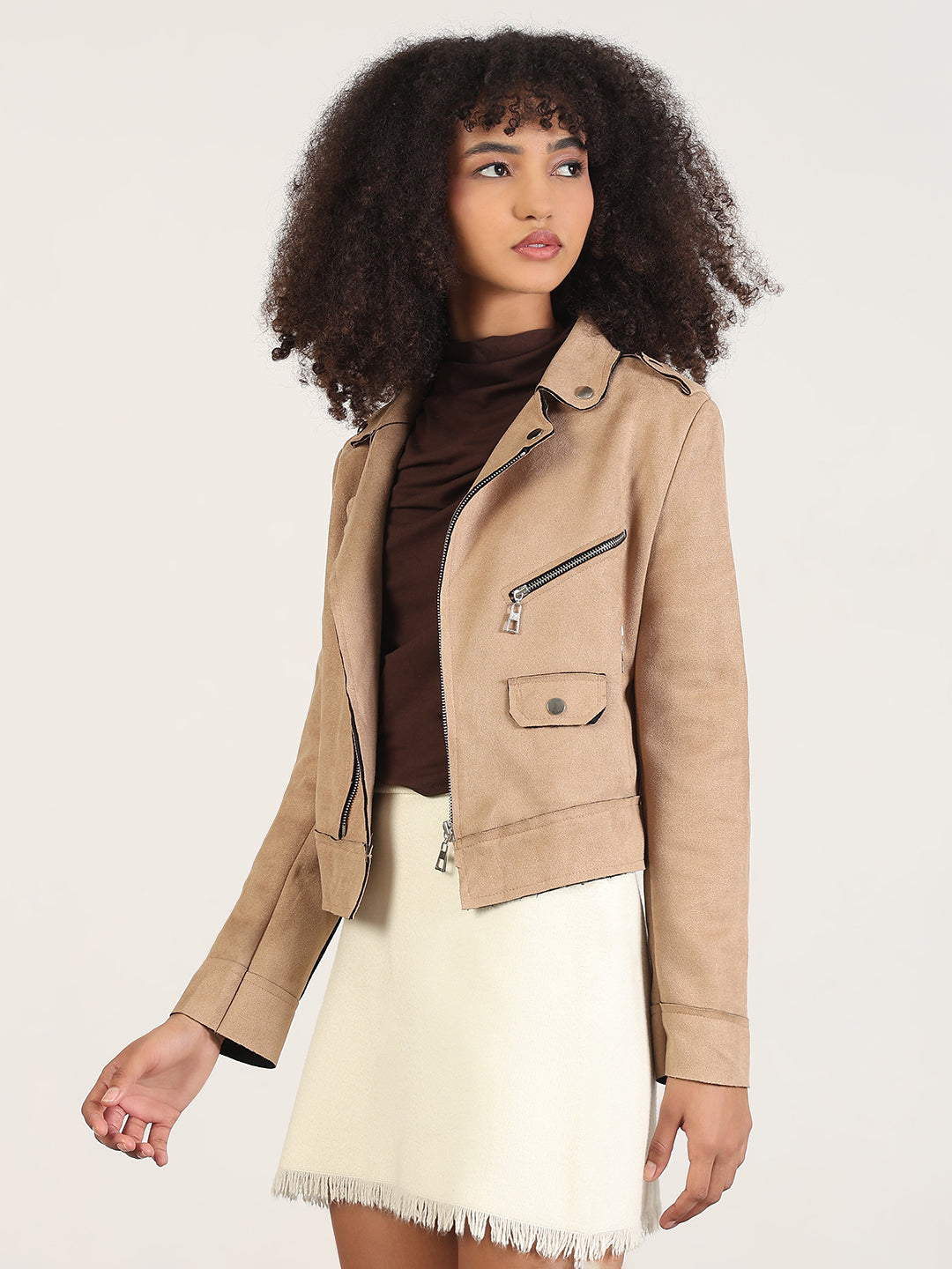 Women's Solid Beige Lapel Collar Tailored Jacket