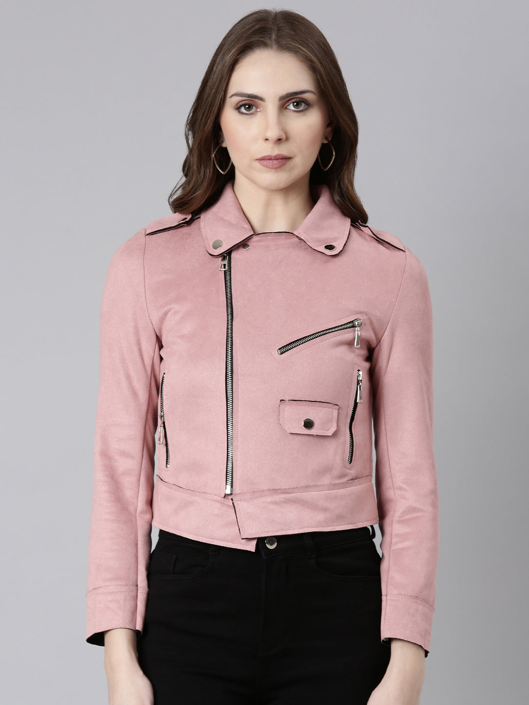 Women's Pink Spread Collar Long Sleeve Tailored Jacket