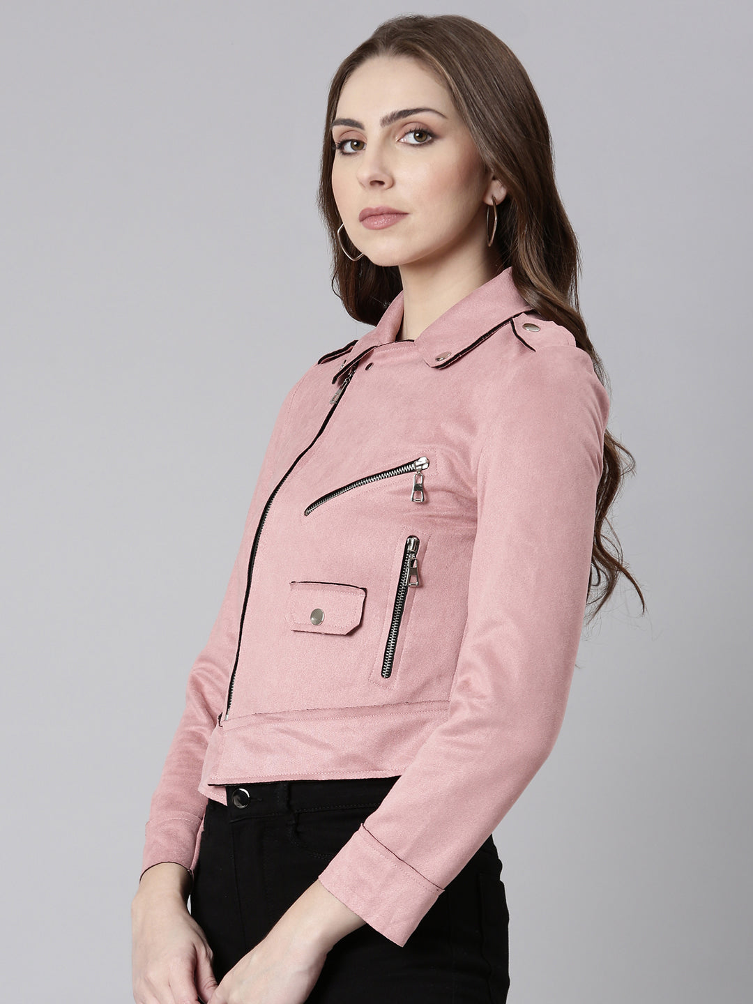 Women's Pink Spread Collar Long Sleeve Tailored Jacket