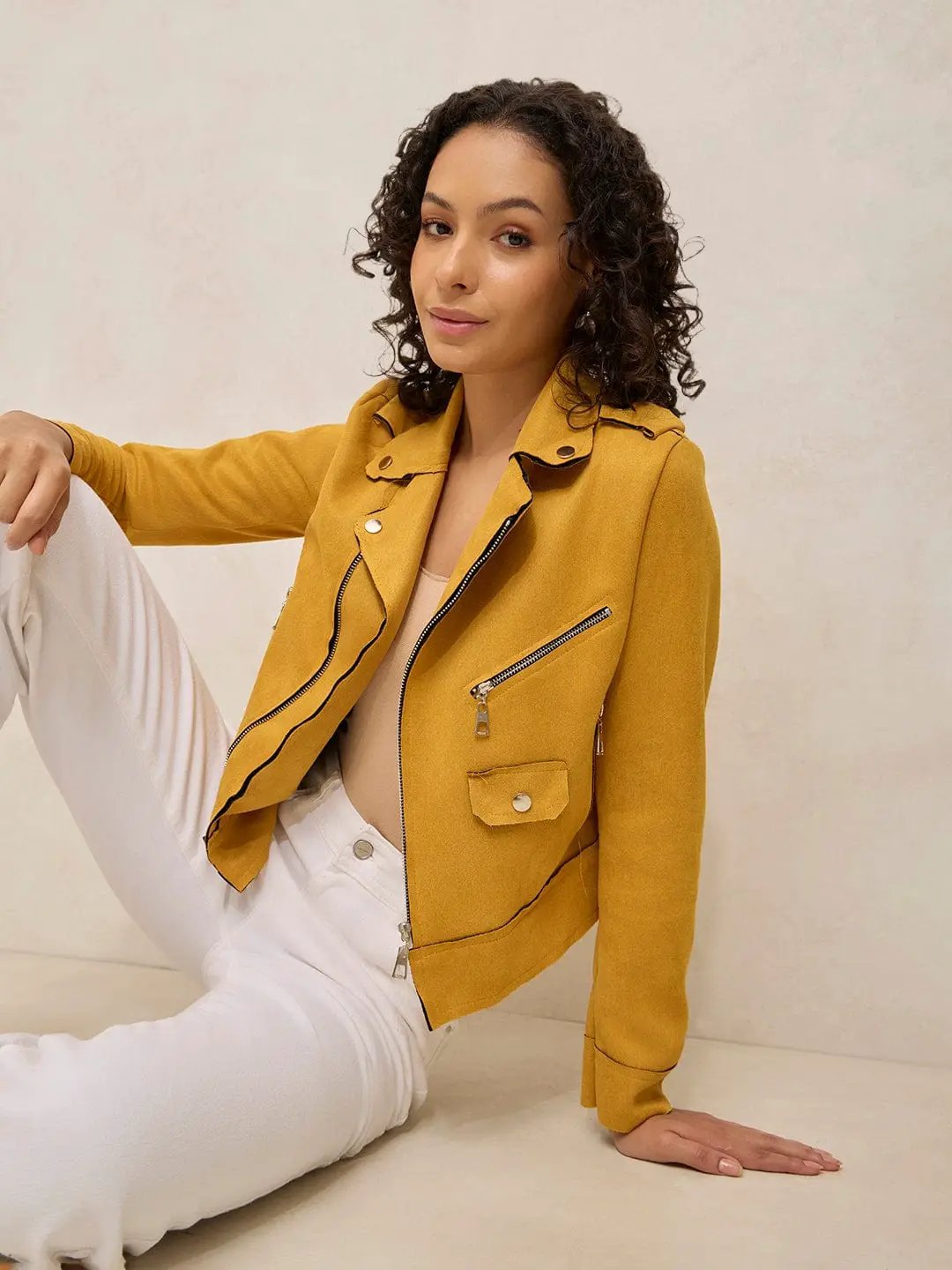 Buy Women's Yellow Asymmetric Zipper Biker Jacket Online | Showoffff