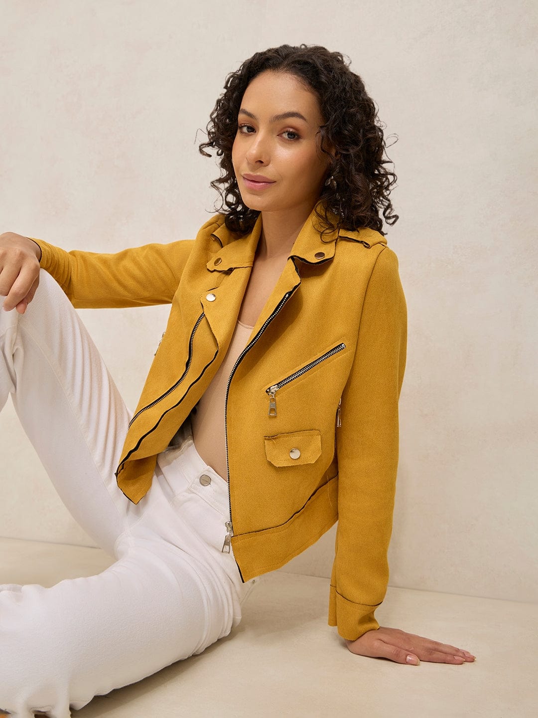 Women's Yellow Asymmetric Zipper Biker Jacket