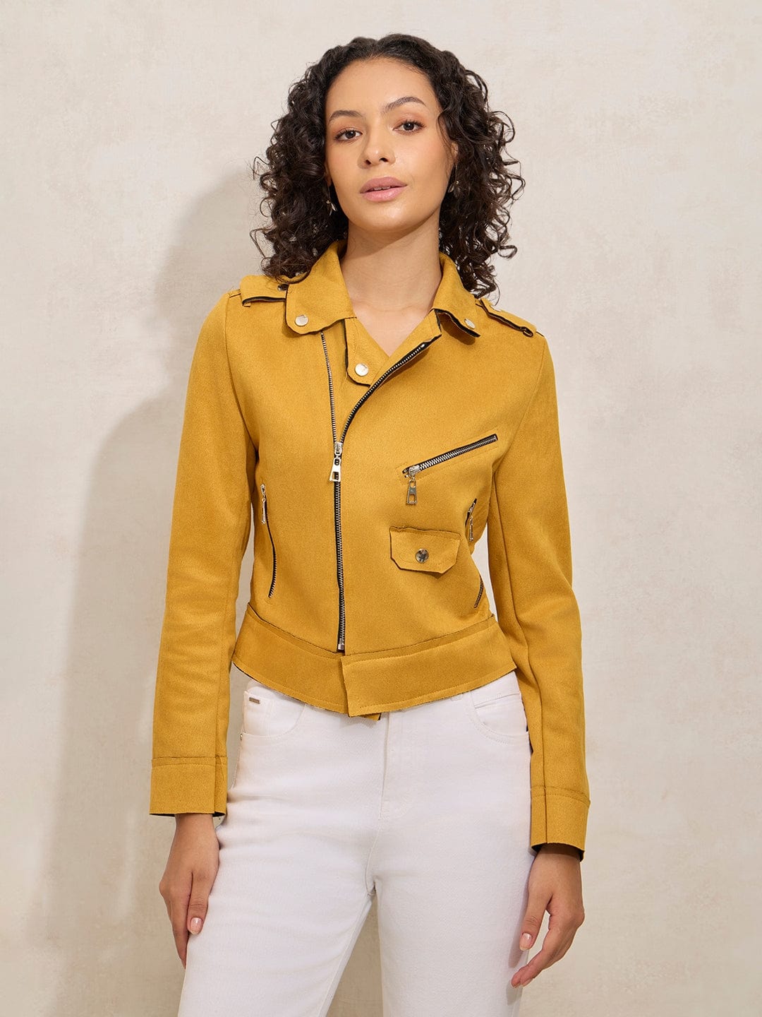 Women's Yellow Asymmetric Zipper Biker Jacket