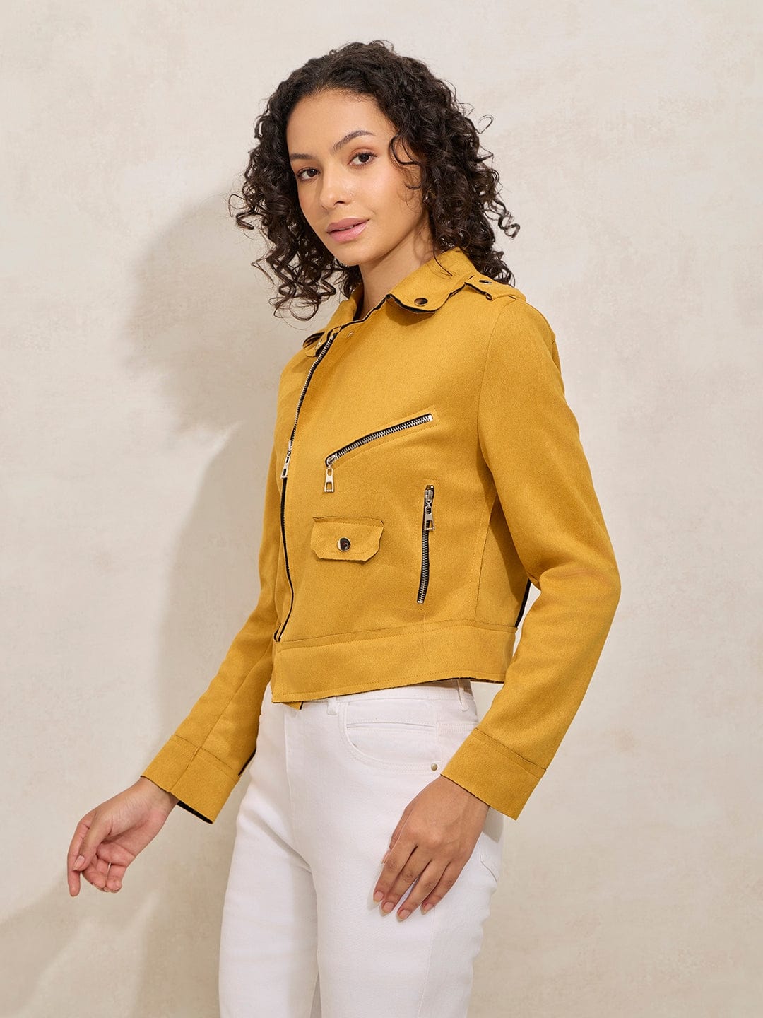 Women's Yellow Asymmetric Zipper Biker Jacket