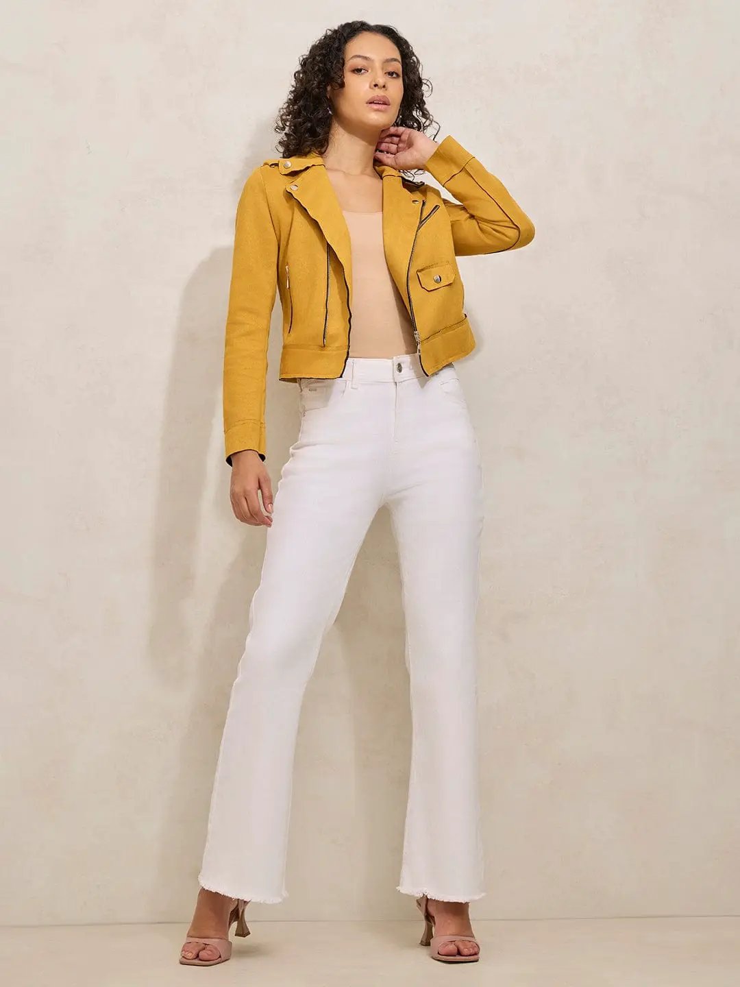 Buy Women's Yellow Asymmetric Zipper Biker Jacket Online | Showoffff