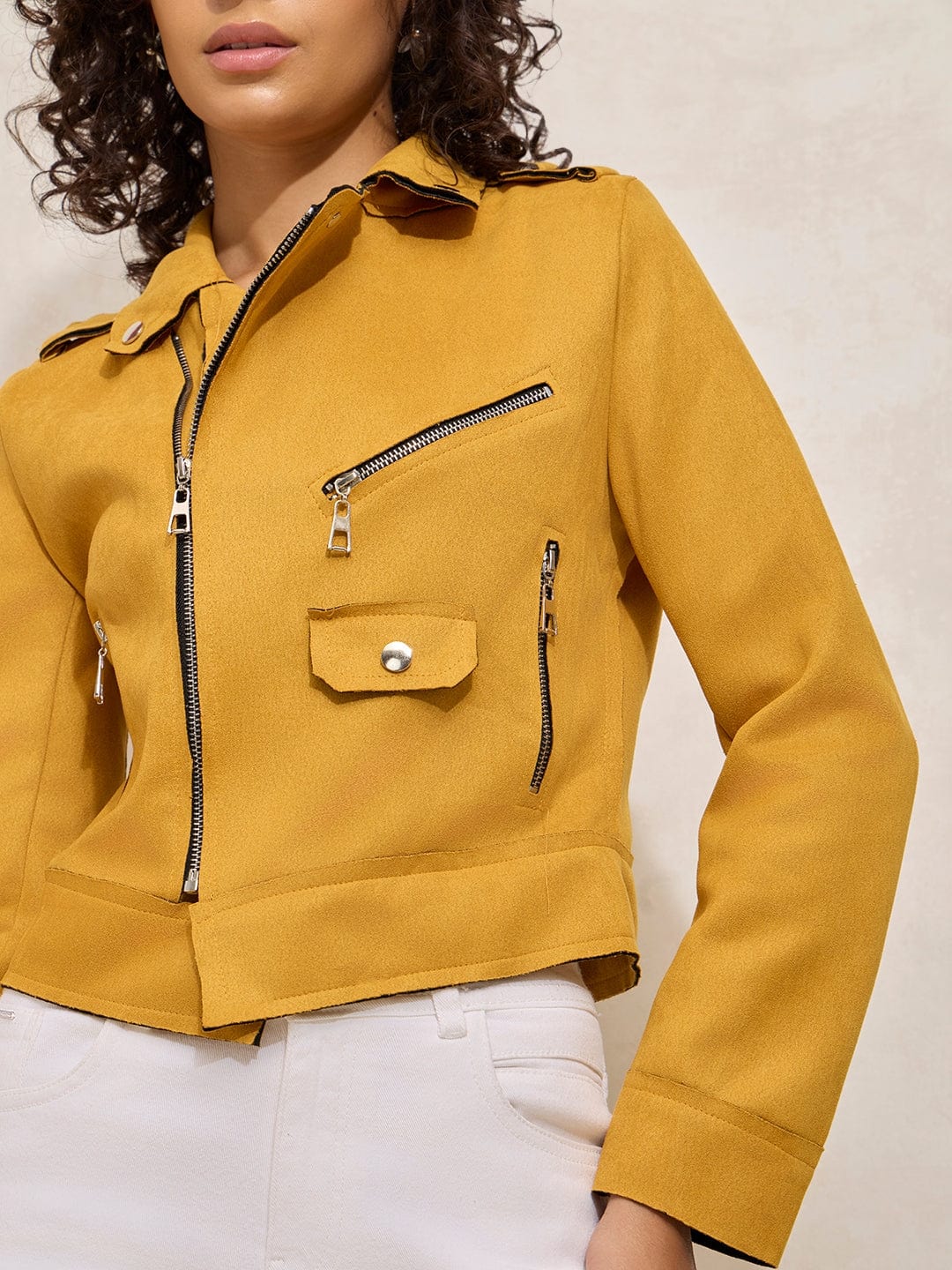 Women's Yellow Asymmetric Zipper Biker Jacket