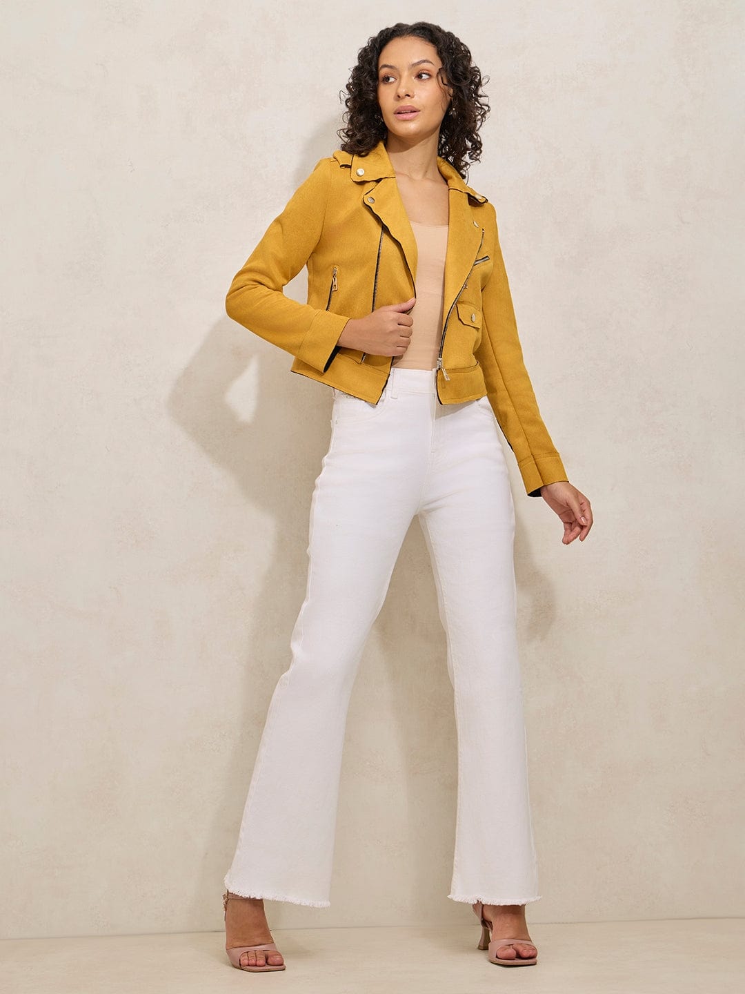 Women's Yellow Asymmetric Zipper Biker Jacket