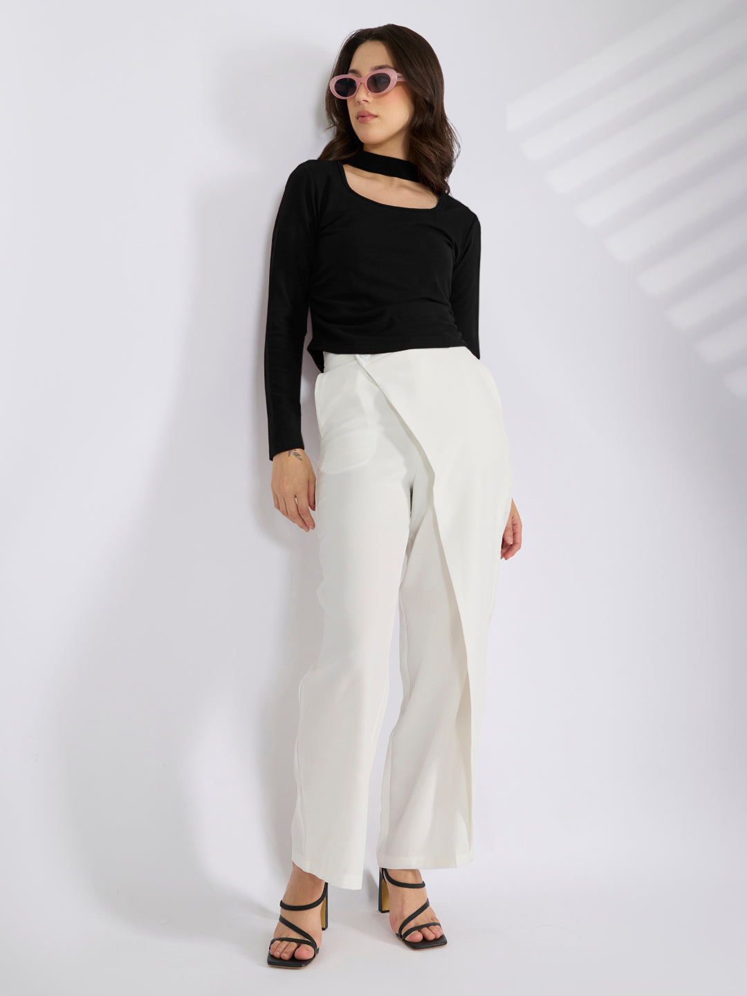 Women’s Black Choker Neck Long Sleeve Ruched Top